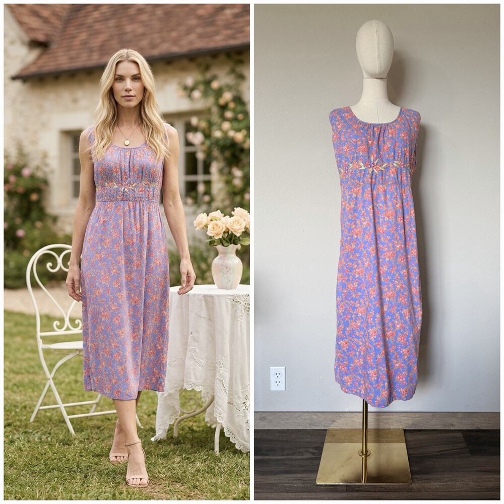 VTG April Cornell Midi Dress S Floral Smocked Embroidered Pockets Blue Button